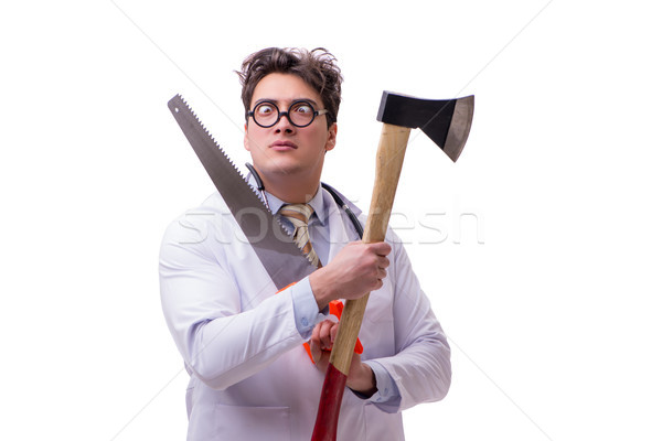 Funny doctor with axe and saw isolated on white Stock photo © Elnur
