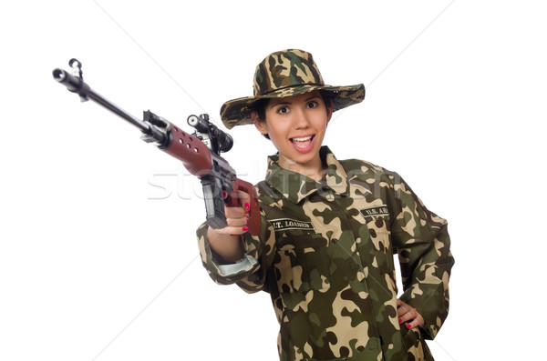 Vrouw scherpschutter geïsoleerd witte gelukkig pistool Stockfoto © Elnur