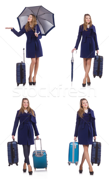 Stock fotó: Nő · bőrönd · esernyő · izolált · fehér · üzlet