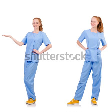 Pretty dancing  doctor  in blue uniform with documents  isolated Stock photo © Elnur