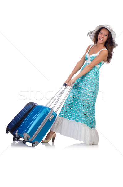 Stock photo: Woman traveller with suitcase isolated on white
