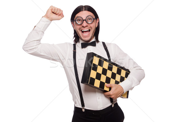 Funny man with chessboard isolated on white Stock photo © Elnur
