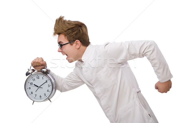 Stock photo: Funny doctor with alarm clock isolated on white