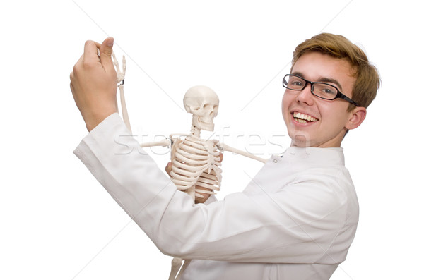 Funny doctor with skeleton isolated on white Stock photo © Elnur