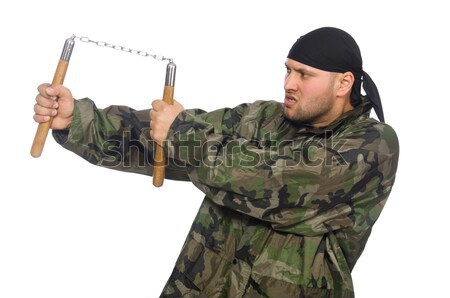 Young man in soldier uniform holding gun isolated on white Stock photo © Elnur