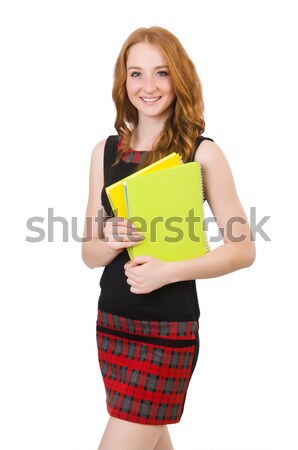 Cute girl in squared dress holding paper isolated on white Stock photo © Elnur