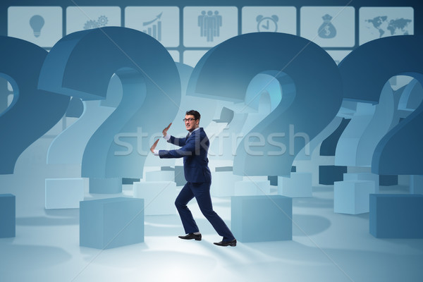 Businessman in uncertainty concept with question marks Stock photo © Elnur