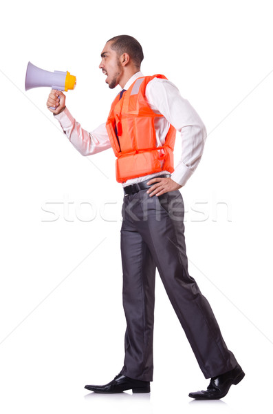 Stock photo: Man in life jacket isolated on white