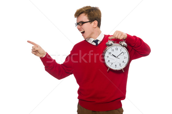 Stock photo: Student with alarm clock isolated on white