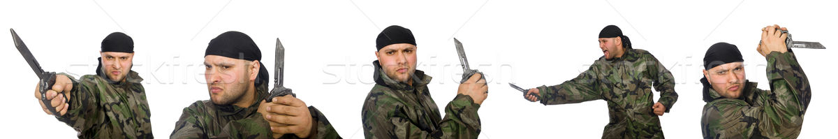Young man in soldier uniform holding knife isolated on white Stock photo © Elnur