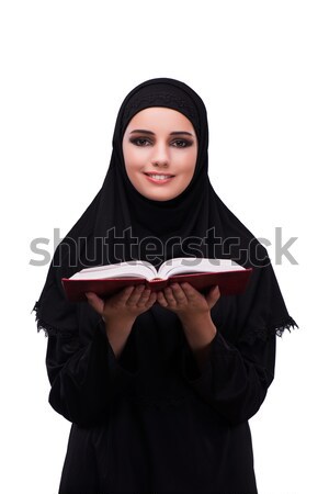 Stockfoto: Moslim · vrouw · zwarte · jurk · geïsoleerd · witte · boeken