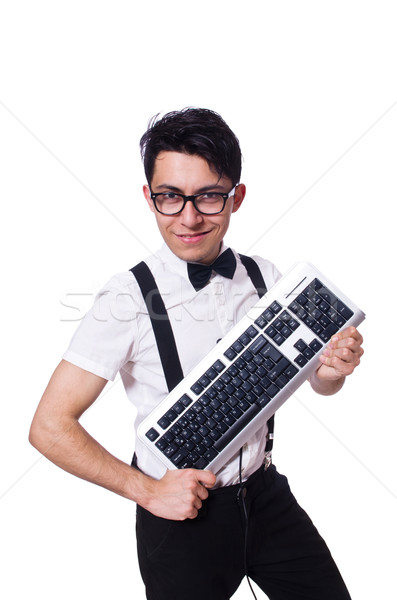 Nerd hacker with computer keyboard on white Stock photo © Elnur