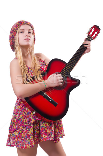 Foto stock: Guitarrista · mujer · aislado · blanco · música · fiesta