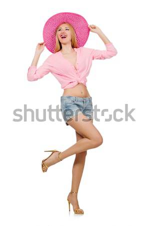Stock photo: Young model i panama hat pressing virtual buttons isolated on wh