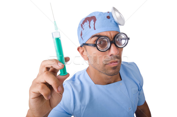 Nebun medic seringă izolat alb zâmbet Imagine de stoc © Elnur