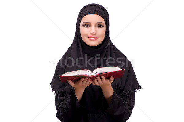 Stockfoto: Moslim · vrouw · zwarte · jurk · geïsoleerd · witte · boeken