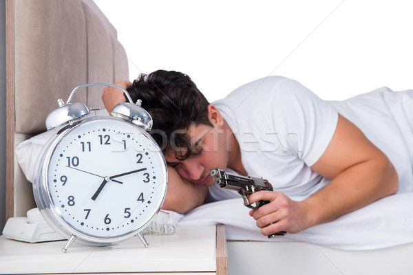 Człowiek bed cierpienie bezsenność zegar spać Zdjęcia stock © Elnur