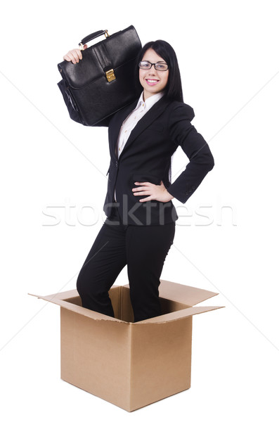 [[stock_photo]]: Femme · d'affaires · pense · sur · boîte · femme · visage