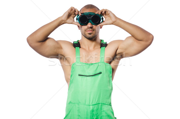 Foto stock: Homem · verde · óculos · de · proteção · construção · trabalhar · indústria