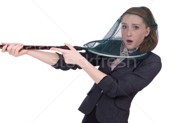 Young woman with catching net on white Stock photo © Elnur