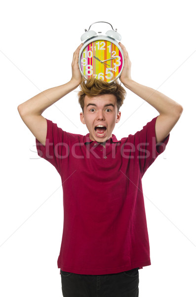 Foto stock: Estudante · despertador · isolado · branco · feliz