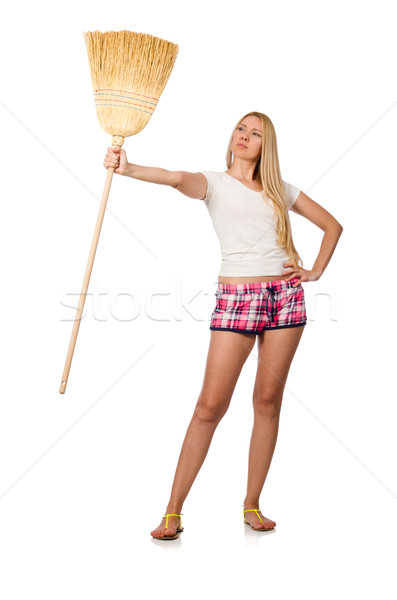 Young woman with broom isolated on white Stock photo © Elnur