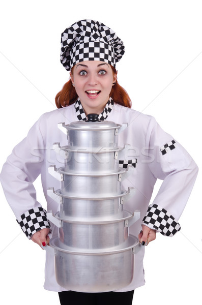 Cook with stack of pots on white Stock photo © Elnur