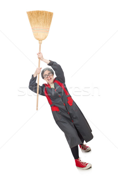 Stock photo: Woman with sweeping brush isolated on white