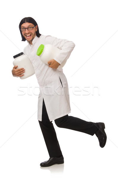 Funny doctor with protein jars isolated on white Stock photo © Elnur