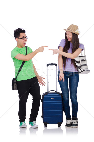 [[stock_photo]]: Fille · garçon · valise · isolé · blanche · heureux