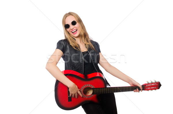 Zdjęcia stock: Młoda · kobieta · gitarzysta · odizolowany · biały · muzyki · szczęśliwy