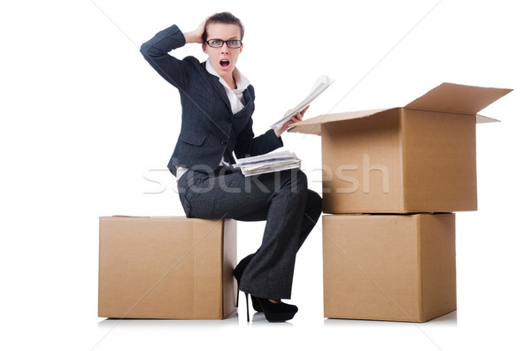 Сток-фото: женщину · деловая · женщина · коробки · белый · служба · фон