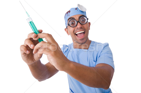 Crazy Arzt Spritze isoliert weiß glücklich Stock foto © Elnur
