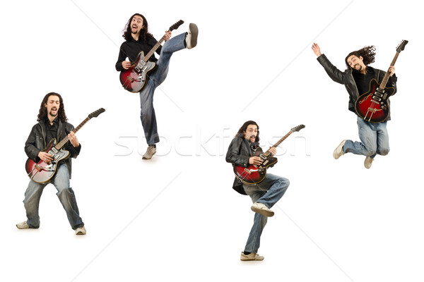 Foto stock: Funny · guitarrista · aislado · blanco · música · fiesta