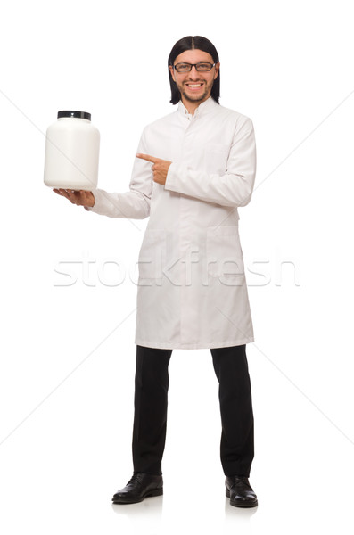 Funny doctor with protein jars isolated on white Stock photo © Elnur