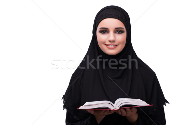 Moslim vrouw zwarte jurk geïsoleerd witte boeken Stockfoto © Elnur