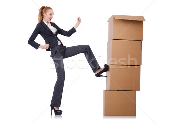 Stockfoto: Vrouw · zakenvrouw · dozen · witte · kantoor · achtergrond