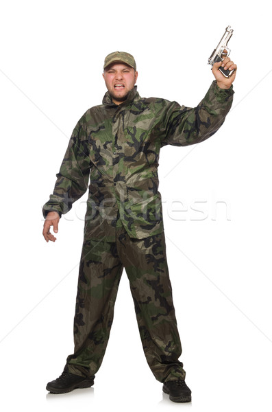 Stockfoto: Jonge · man · soldaat · uniform · pistool · geïsoleerd