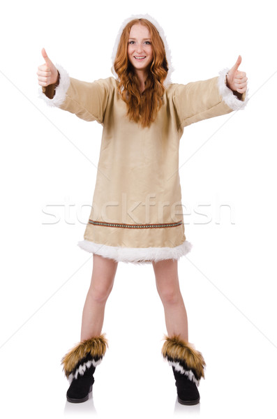 Stock photo: Eskimo girl wearing clothes of all fur isolated on white