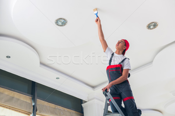 Jovem pintor pintura teto construção parede Foto stock © Elnur