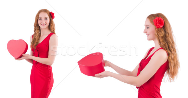 Red dress woman holding gift box isolated on white Stock photo © Elnur