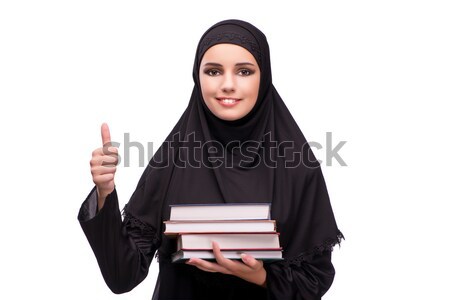 Foto d'archivio: Muslim · donna · vestito · nero · isolato · bianco · libri