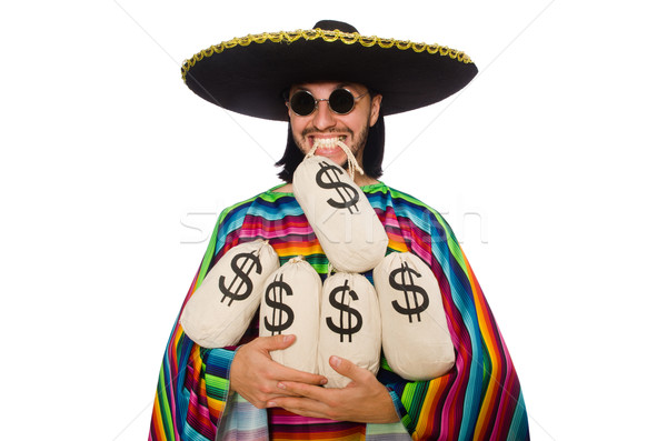 Handsome man in vivid poncho holding money bags isolated on white Stock photo © Elnur