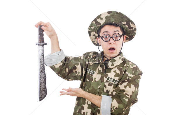 Funny soldier with knife on white Stock photo © Elnur