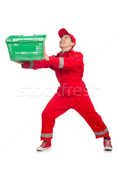 Man in red coveralls with shopping supermarket cart trolley Stock photo © Elnur