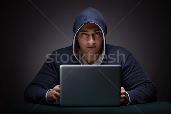 Young man wearing a hoodie sitting in front of a laptop computer Stock photo © Elnur