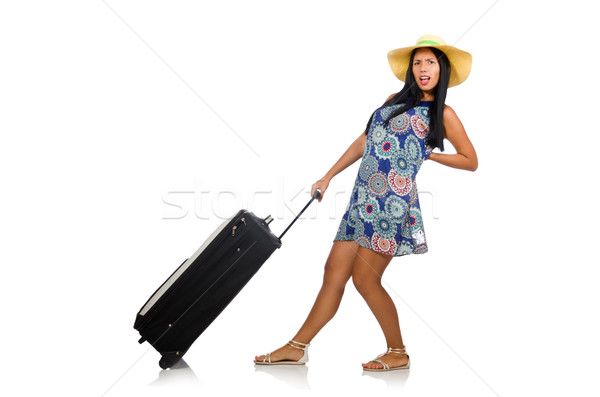 [[stock_photo]]: Femme · valise · isolé · blanche · heureux · été