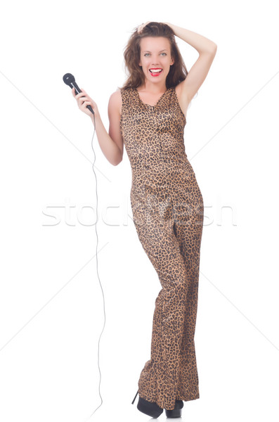 Femeie cântăreaţă microfon alb petrecere păr Imagine de stoc © Elnur