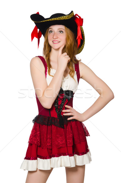 Stockfoto: Vrouw · piraat · geïsoleerd · witte · zwarte · hoed