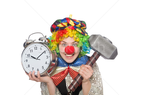 Female clown with alarm-clock and hammer isolated on white Stock photo © Elnur